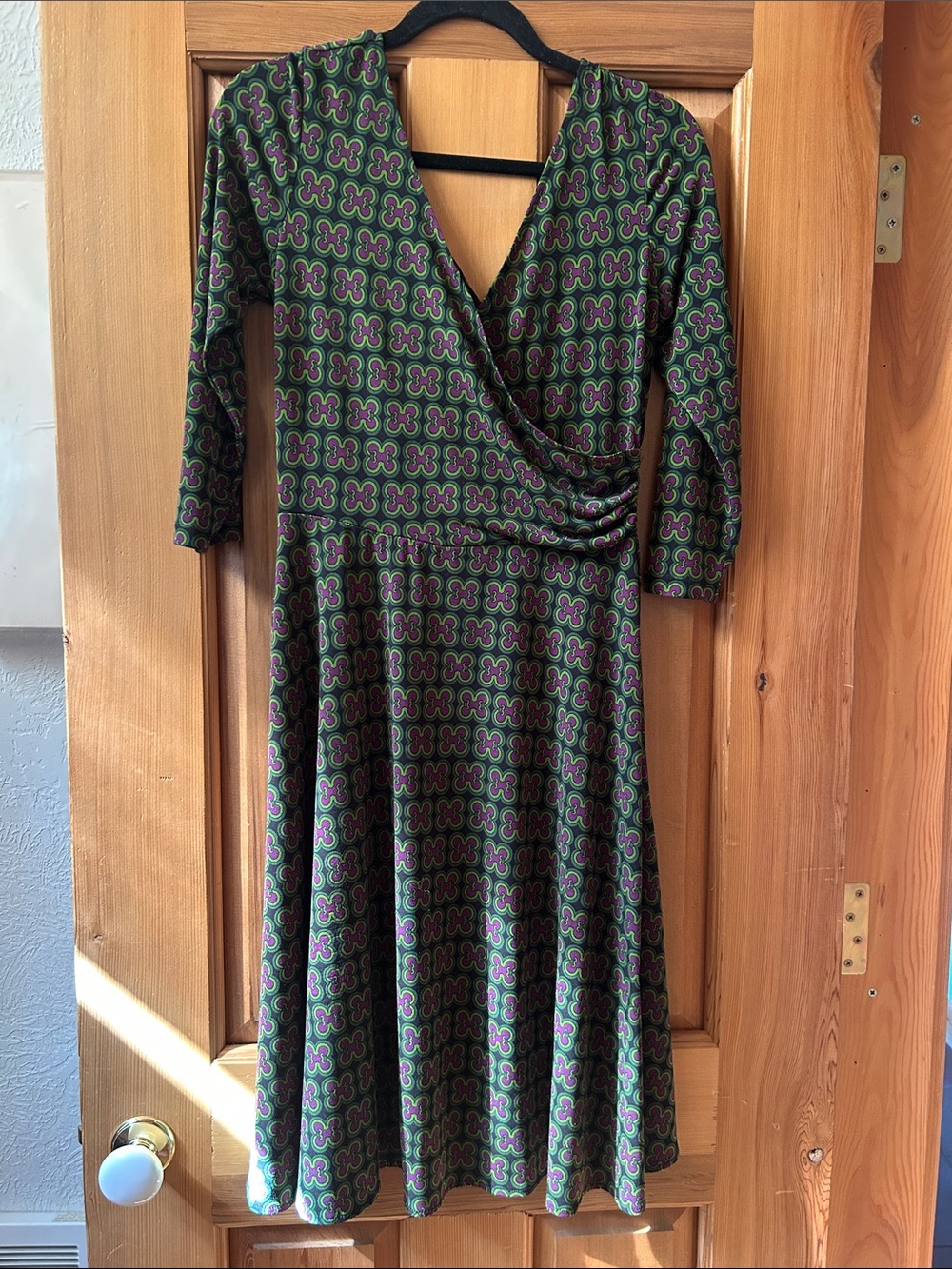 GNW Green and Purple Geometric Wrap-Style Midi Dress
